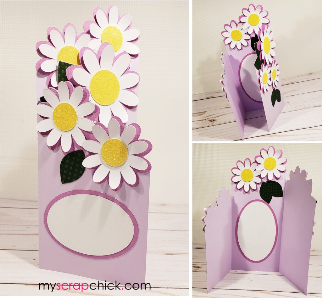Trifold card SVG filled with 3D daisies. Fits a legal size envelope.